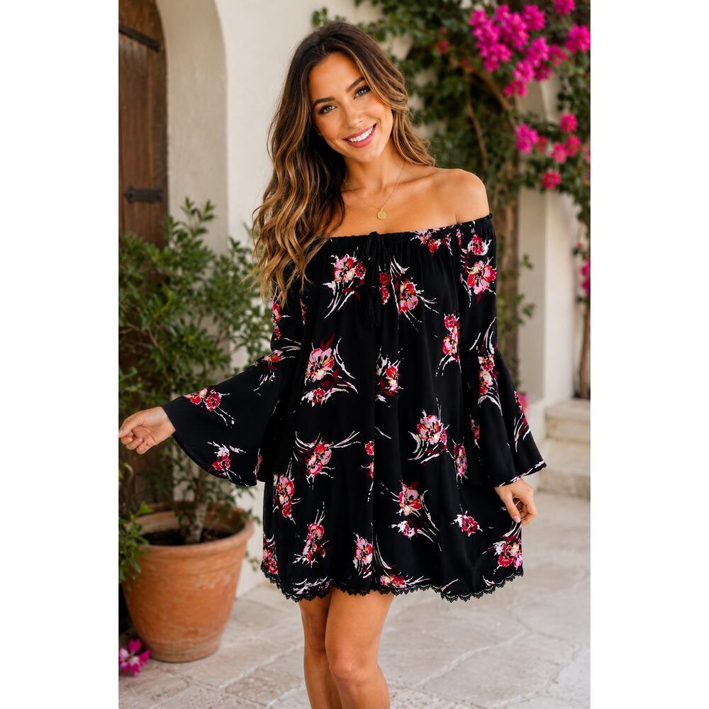 EST. 1946 Black Floral Off-the-Shoulder Bell Sleeve Dress – Size Small